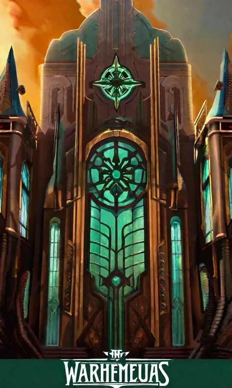 warhammer 40k, mechanicus temple to the omnihsiah, viewed from the outside dirty grimy run down gothic city with steampunk stylings, pristine temple with bronze gears and stained glass
