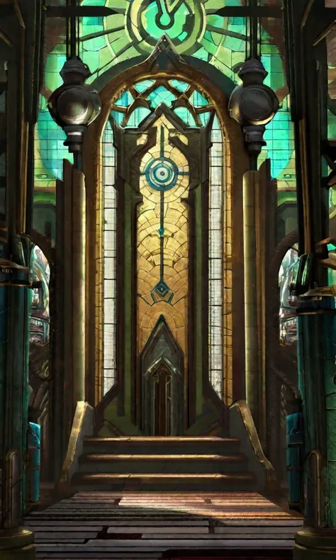 warhammer 40k, mechanicus temple to the omnihsiah, viewed from the outside dirty grimy run down gothic city with steampunk stylings, pristine temple with bronze gears and stained glass
