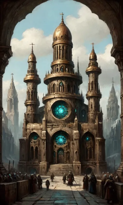 warhammer 40k, mechanicus temple to the omnihsiah, viewed from the outside dirty grimy run down gothic city with steampunk stylings, pristine temple with bronze gears and stained glass
