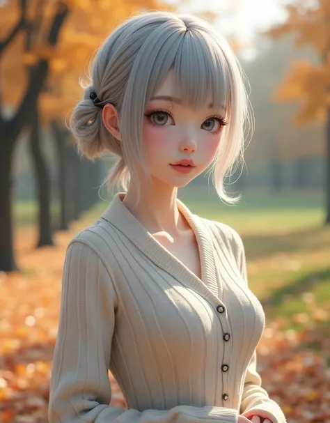 (8k, Photorealistic, Original photo, Highest quality: 1.4),Japanese idol-style beautiful girl,1,1 person,(Short Bob),(Silver Hair),She has her hair tucked behind her ears,Clear grey eyes,Long eyelashes,(piercings(small)),(Lip gloss),lips(Plump,glossy),Tran...