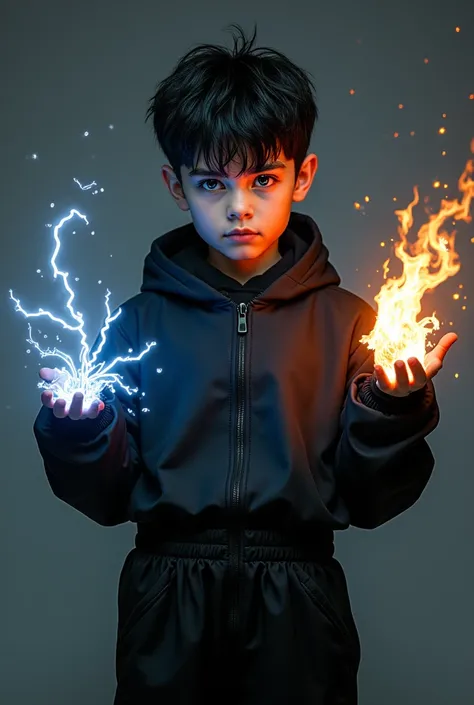 7 year boy black hair blue eyes black cuberpunk suit no plash serious face, black lightning sticking out of his left hand, black fire in his right hand. a suit that is only baggy black