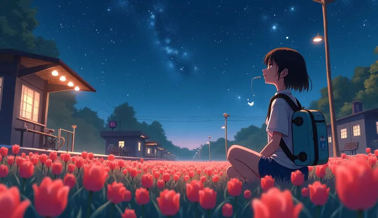 A short haired girl in the middle of a tulip field at a train station she sitting at the  station looking up at the night sky with many stars she has an oxygen pump as a bag and cannulas connected to her nose