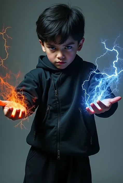 7 year boy black hair blue eyes black cuberpunk suit no plash serious face, black lightning sticking out of his left hand, black fire in his right hand. a suit that is only baggy black