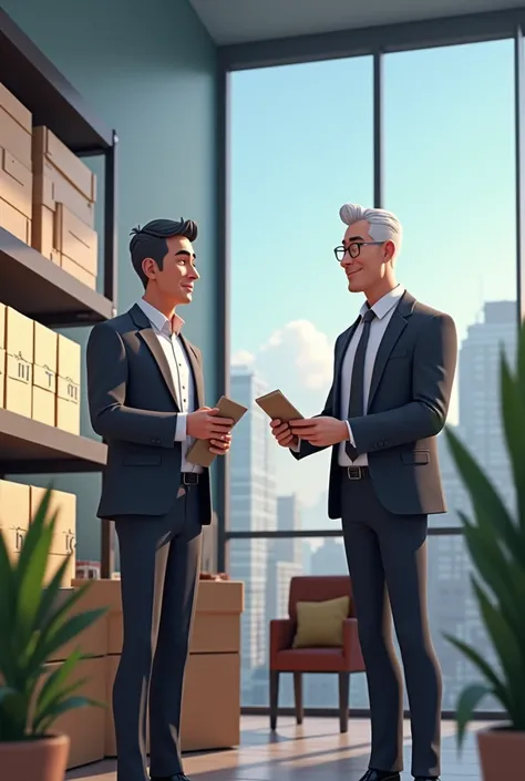 Animation of a 2 male establishing relationships with suppliers and managing inventory.