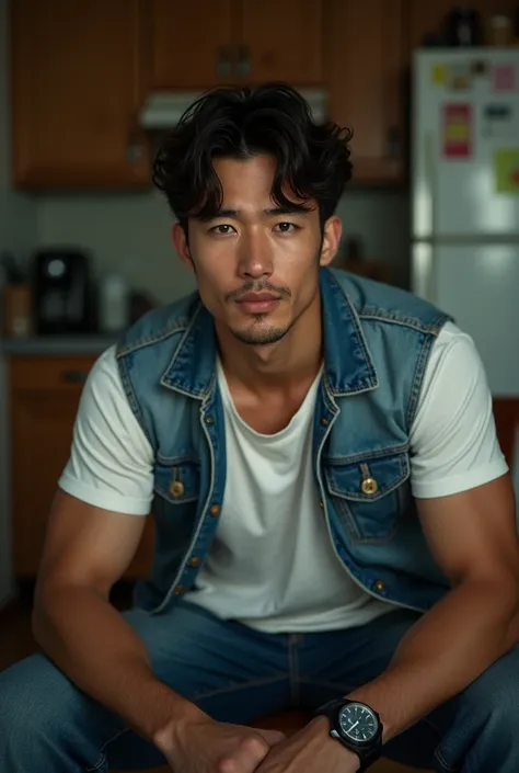 Professional photography, Wong Kar Wai movie lighting style, a handsome Asian man photographed sitting relaxed in the kitchen realizing it, looking straight into the camera direction. He have very muscular body and very broad shoulder, hazel eyes, (caramel...