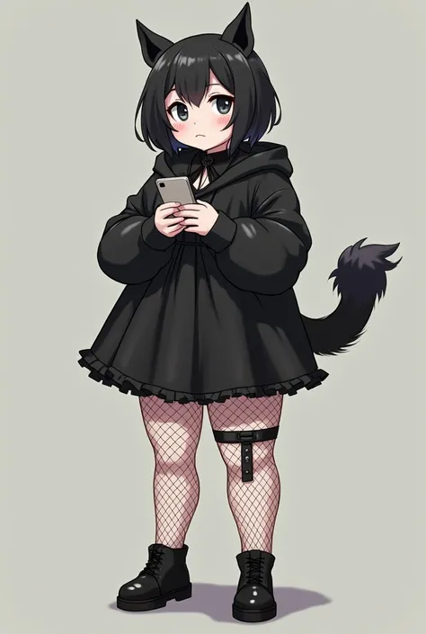 Short chubby goth girl with short hair and a short dress with fishnets and black shoes with a fluffy tail holding a phone