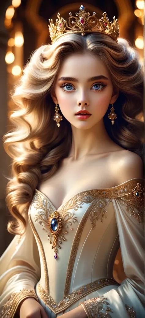 a beautiful young princess, elegant fantasy dress, intricate crown, flowing hair, large expressive eyes, detailed facial features, porcelain skin, graceful pose, classical art style, warm lighting, cinematic composition, hyperrealistic, 8k, dramatic colors...