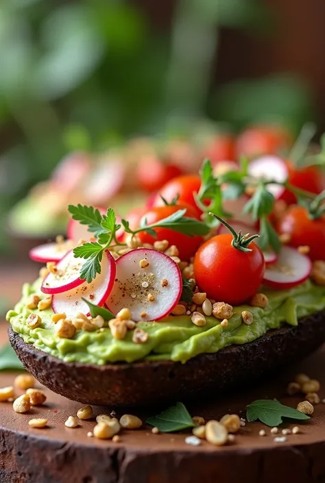 Colour contrast and visual appeal Play with colours: Choose toppings that contrast with the green avocado. For example: Radishes or cherry tomatoes: Thinly slice radishes or cut them in half. Toppings for crunch: Add a crunchy element such as toasted seeds...