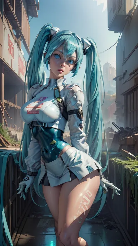 (the best quality,a high resolution,ultra - detailed,actual), miku hatsune, ,(ruined alley tokyo cyberpunk dungeon ruins backgro...