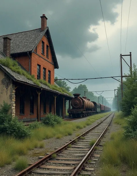 A painted sketch made using the alla prima technique, depicting an old, ruined railway station. The station platform is overgrown with bushes and grass, buildings with cracked walls and water stains. The train tracks next to it are old and rusty. There is ...