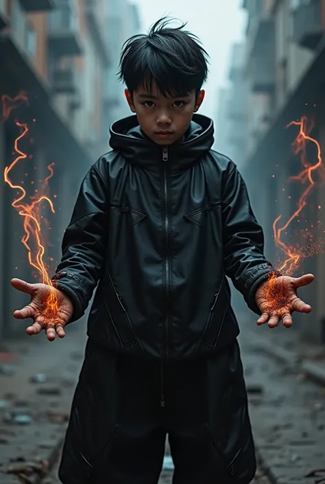 9 year boy, black hair,  black cyberpunk costume, no plash, serious face, black lightning sticking out of his left hand, black fire in his right hand. a suit that is only baggy black