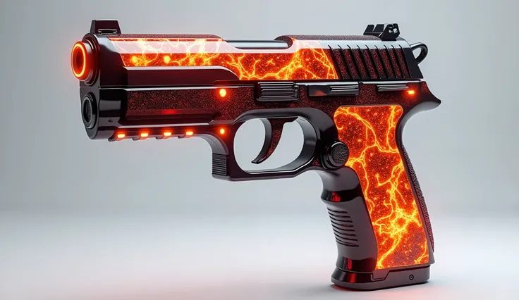 A pistol with a hot lava print, looking like a digital work of art. The weapon is on a light gray background and has a futuristic style..