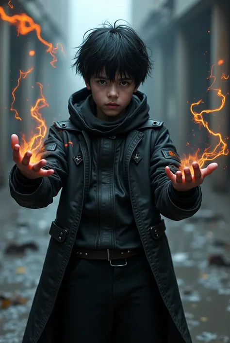 9 year boy, black hair,  black cyberpunk costume, no plash, serious face, black lightning sticking out of his left hand, black fire in his right hand. a suit that is only baggy black