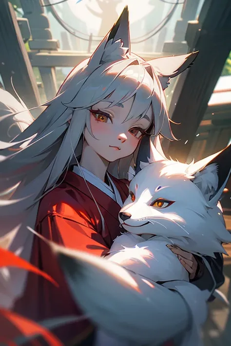 ((furry))、[[woman]]、Mature woman、Mysterious、fox、Beautiful face、Photorealistic facial features、Slit eyes、Narrow eyes、Small eyes、Long eyelashes、Mysterious expression、silver straight hair、Fox skin color、fox hairy hand、Shrine maiden costume、White Shrine Maiden...