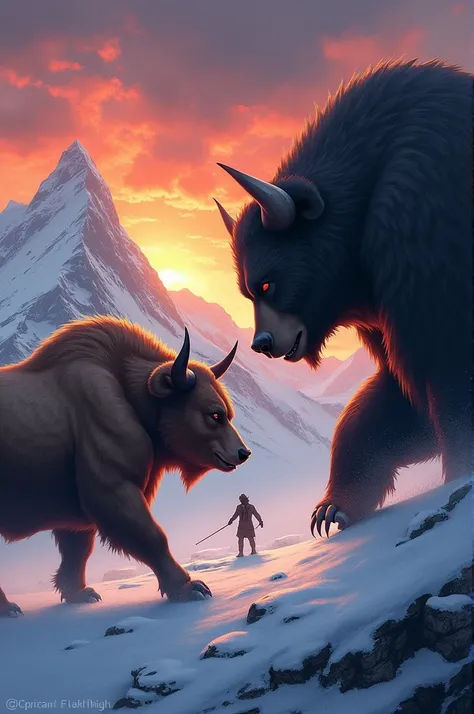 aggressive bull and aggressive bear ready to fight with each other bull stand in left side and bear stand in right side and a ice mountain with sunset backback side of the mountain and ramboo present front sideside of mountain of sky, these are present in ...