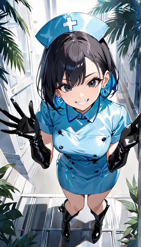 A woman is standing,Showing palms,to close range,Palm up view,Grin,Black Hair,Hair has a light blue inner color,Short Hair,Silver earrings,Black Eyes,Patent leather gloves,Lifted eye corners,Nurse uniform,boots,Very high angle,Looking down from above