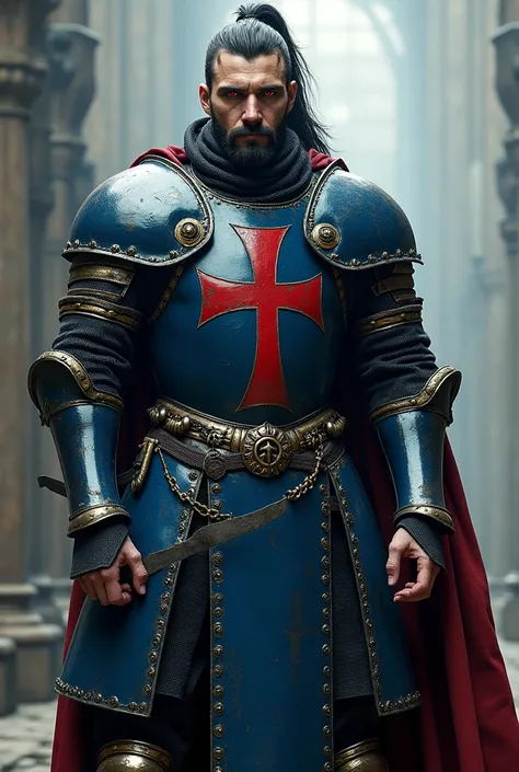 The Background is transparent. A scary and gross beardless man, it&#39;s french, strong, wears blue 16th century French Templar armor. She has fair skin, scary dark red eyes, dark hair with an old ponytail cut. She is a Templar general. He holds a heavy, l...