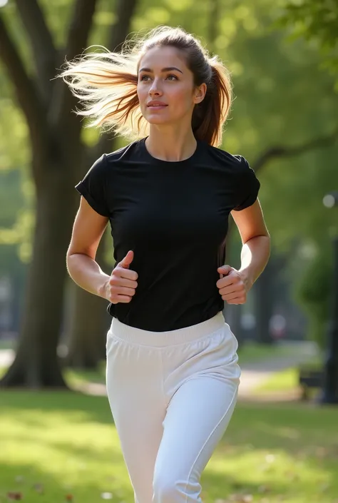 a young dark blonde woman wearing an active wear black T shirt and a white jogger pants set in stretch knit and running in a park.