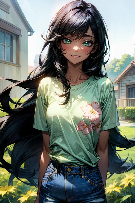 1Female, Young Adult, Black Skin, Light Green Eyes, Smile, Denim Jeans, Flowery Shirt, Black Hair, Long Hair, House