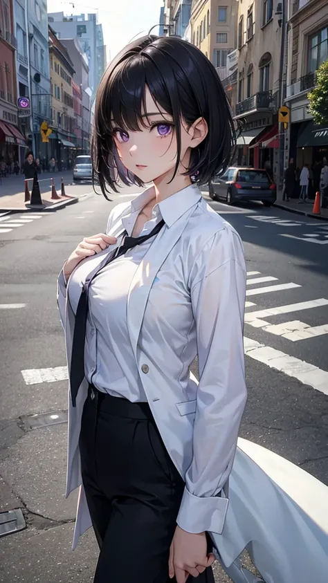 8k resolution,((Best Quality)),Ultra-high resolution,Adult women, Alone, sexy, (Expressionless), (Purple eyes), A beautiful, symmetrical face, (Black Short Hair,The eyes are hidden),White shirt,Black suit pants,Realistic:1.4,Realistic:1.4,(masterpiece:1.2)...