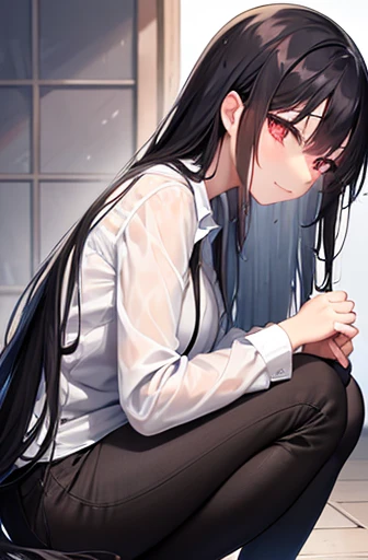 woman　Long Black Hair　Wet with rain　weak