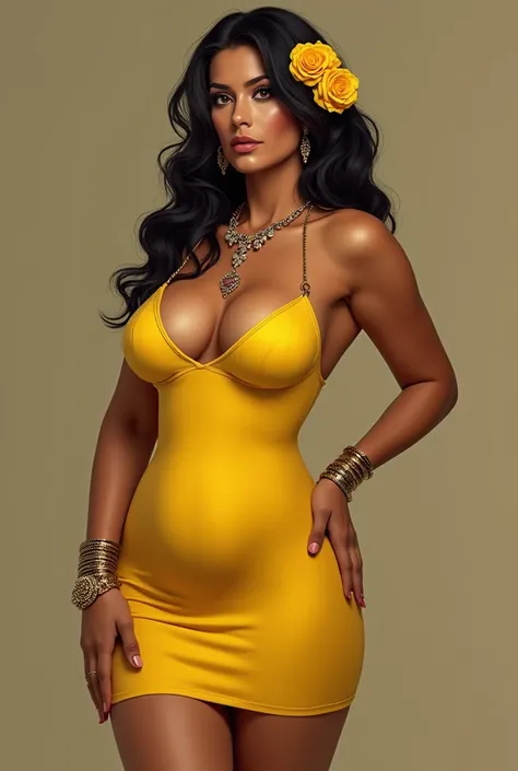 Sensual curvy woman with big breasts wearing a yellow dress that clings to her body with jewelry all over her body and yellow roses in her hair