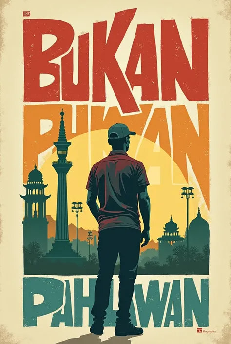 The image is a graphic design featuring the words "BUKAN PAHLAWAN" in a vintage and retro style. The letters are arranged vertically, with each letter having a different color: BU is red, KAN is orange, PAH is yellow, LA is green, and WAN is blue. Behind t...