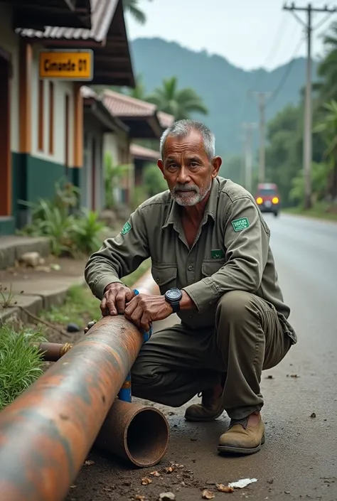 an Indonesian water plumber,
(Face looking camer)  is repairing a damaged water pipe on the side of a village road name  is ( CIMANDE 01)
