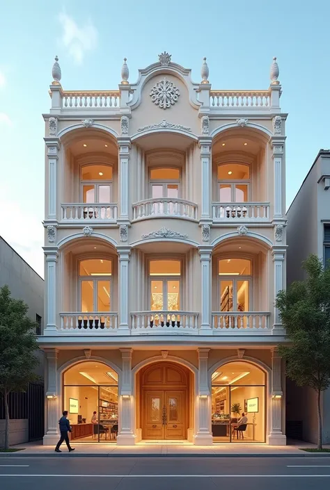 3-storey morden house, ground floor for business, 2 large doors, wide facade, use of many materials, creative, with windows with balustrades, painted in an impressive style, with soft pastel tones highlighting white and natural wood, very detailed, rich te...