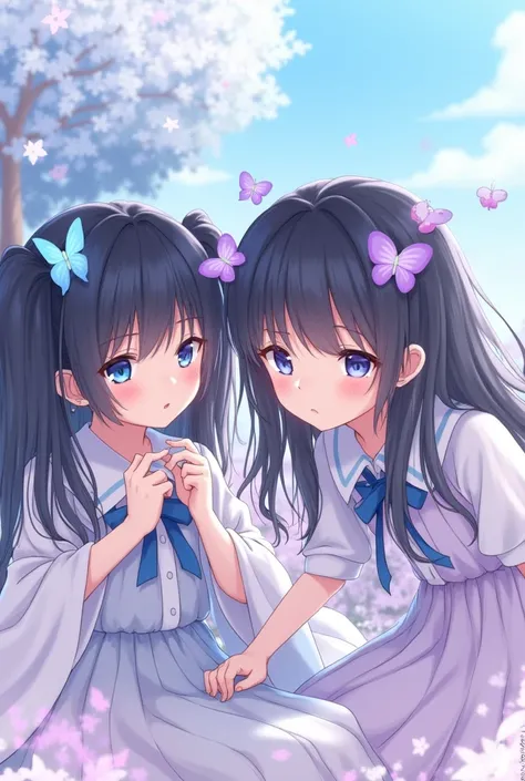 Anime 2 filles
1 fille cheveux noirs longs attachés en couettes yeux bleus avec papillon bleu dans les cheveux
1 fille cheveux noirs longs YEUX violets avec papillon violet dans les cheveux