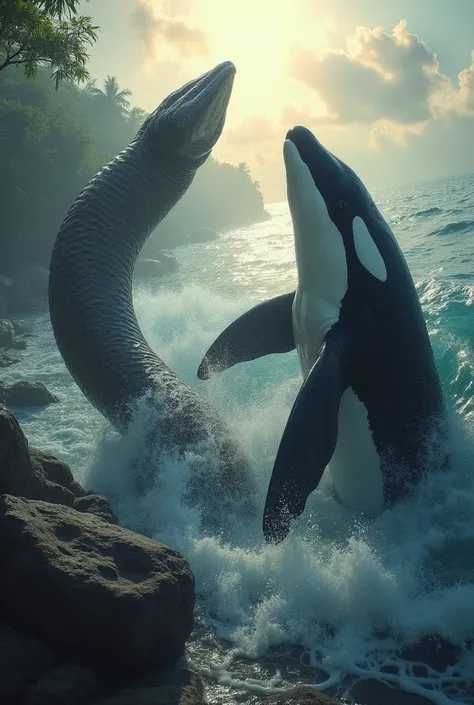 Here’s a perfect prompt to capture both an **anaconda and a killer whale** in one frame:

"Depict an intense scene where a giant anaconda and a killer whale confront each other in a half-submerged river flowing into the ocean. The anaconda, coiled around l...