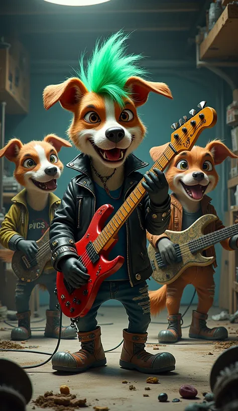 Rover, a scruffy dog with a vibrant green mohawk and a studded leather jacket, jamming with his dog friends in a garage, surrounded by makeshift instruments like a drum set made of trash cans and a guitar crafted from cardboard, all looking energetic and e...