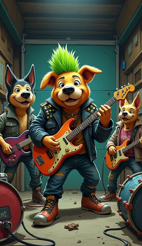 Rover, a scruffy dog with a vibrant green mohawk and a studded leather jacket, jamming with his dog friends in a garage, surrounded by makeshift instruments like a drum set made of trash cans and a guitar crafted from cardboard, all looking energetic and e...