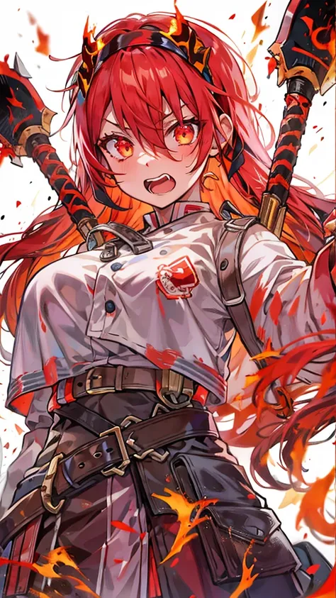 Flaming Two-Handed Axe,Best Quality, Textured skin, Red Hair, Flame-shaped headband,Low ponytail, Red eyes, Double teeth, Special Attack Uniform,Sarashi on the chest,Dripping Sweat,Character portrait, anime, Bad Girl,Belligerent,Shiny Hair, 