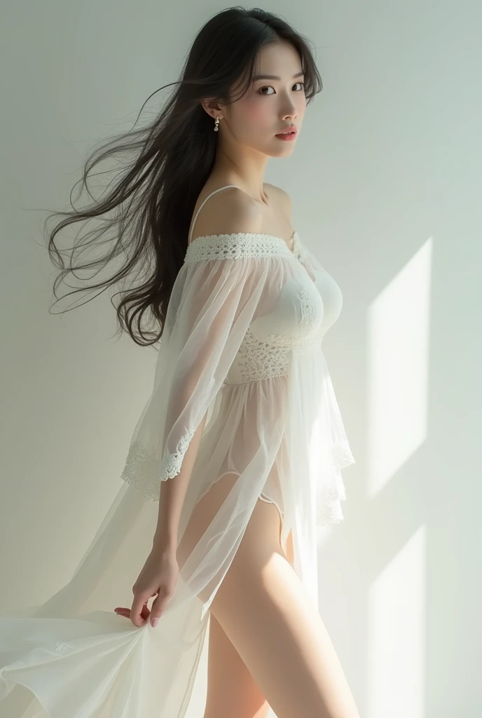 White Dress　Japanese beauty legs open，Showing an M-shaped face, Lace