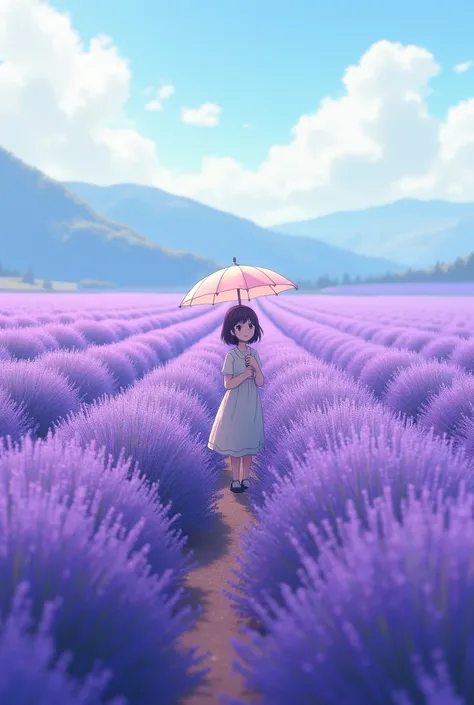 A girl holding an umbrella stands in the middle of purple lavender fields, in the style of Ghibli, in the anime style, full body shot, wide angle, in the style of Miyazaki Hayao, soft light, simple background, distant mountains, detailed, high resolution. 