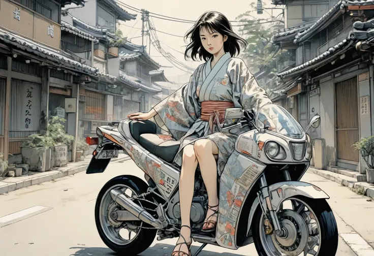 anime line art, por Naoki Urasawa, esBoço, best qualityer, oBra de arte, very aesthetic, perfect composition, details Intricate, ultra detali, B&au, japanese kimono suit girl ride a future motorbike