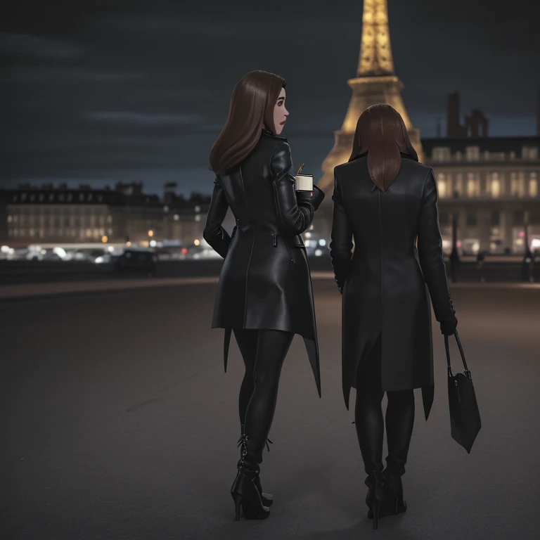 back view, full height, woman completely , black leather coat to the ankles,black boots with thin heels, Ultrarealist, meticulously detailed, brown hair,  (average hair length),  young woman,  cup in hand, on the street, Night, approach, outside, TERRACE c...