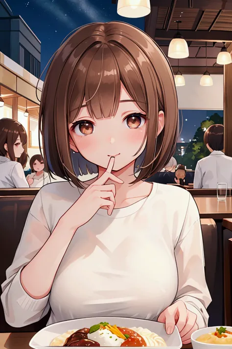 Photorealistic、Highest quality、Highest Resolution、Best Quality、8Ｋ、HD、One woman、Cute face、Delicate face、Bob cut hair、Ash brown hair color、Brown eyes、Delicate eyes、Beautiful Eyes、Beautiful breasts、night、Casual clothing、Eat with friends at a restaurant、