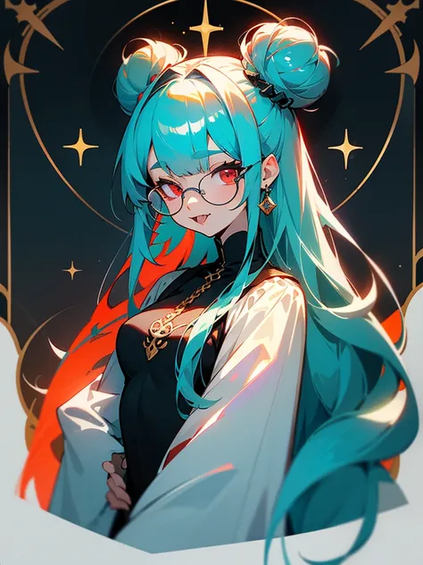 villain、Earrings、Fangs growing、Large glasses、Straight bangs、Small breasts、Turquoise Hair、red eyes、Bun Hair, 最high quality, high quality, masterpiece, Character portrait, Illustration, 
 Background white、Setting diagram, Character portrait, 