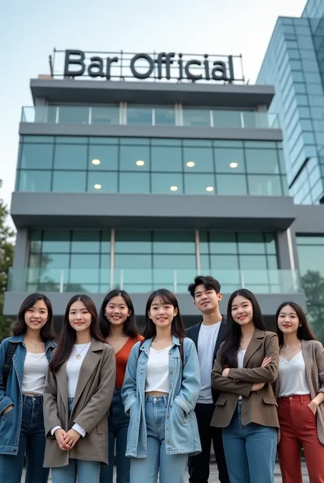 A group of young, confident Korean students, stood in front of a modern, beautiful building with a large, prominent sign on the roof that read Bar Official in bold, modern letters. The students were diverse, 2 handsome Korean teenagers and 9 Korean teenage...