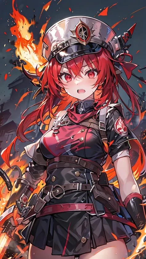 Flaming Two-Handed Axe,Best Quality, Textured skin, Red Hair, Flame-shaped headband,Low ponytail, Red eyes, Double teeth, Special Attack Uniform,Sarashi on the chest,Dripping Sweat,Character portrait, anime, Bad Girl,Belligerent,Shiny Hair, 