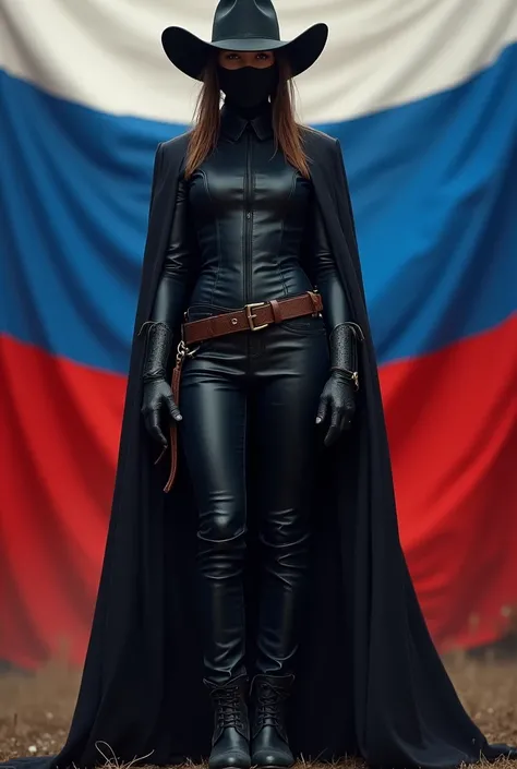 Photos of a cowboy woman dressed in black and her face covered with a black mask and behind her the Russian flag 