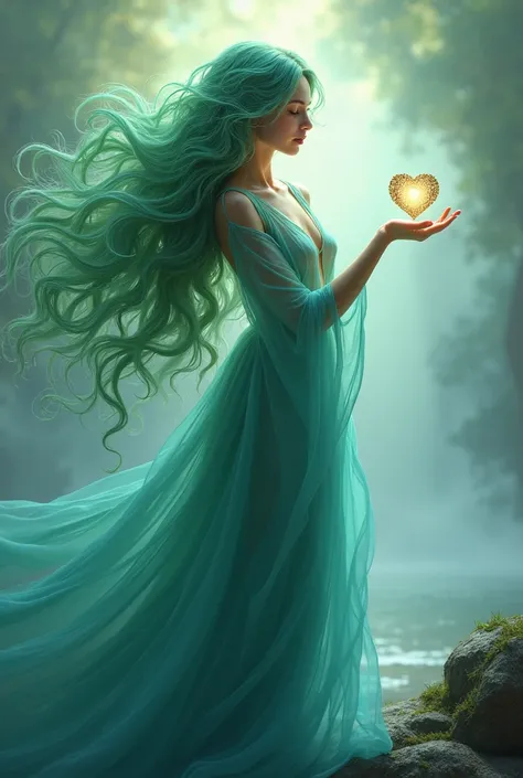 Green and blue long hair、A beautiful woman like a goddess、Heart-shaped jewel in hand