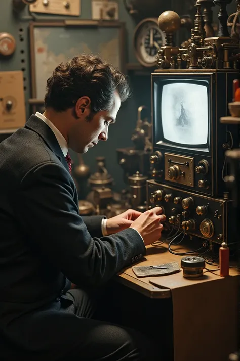 An inventor in a small, cluttered laboratory in the 1920s, surrounded by makeshift equipment like cardboard, scissors, and mechanical parts. The scene shows John Logie Baird, a Scottish inventor, with a determined expression as he works on his invention. I...