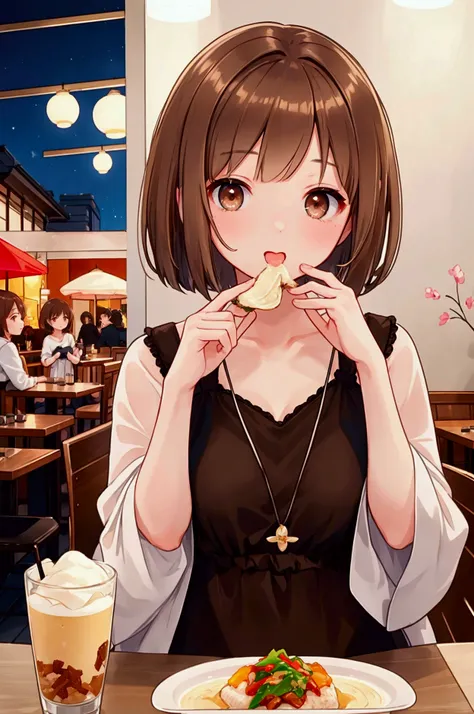 Photorealistic、Highest quality、Highest Resolution、Best Quality、8Ｋ、HD、One woman、Cute face、Delicate face、Bob cut hair、Ash brown hair color、Brown eyes、Delicate eyes、Beautiful Eyes、Beautiful breasts、night、Casual clothing、Eat with friends at a restaurant、