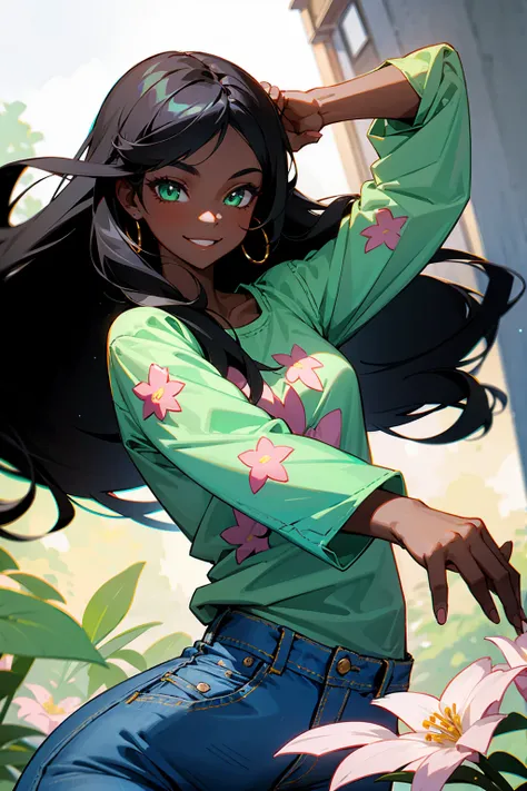 1Female, Young Adult, Black Skin, Light Green Eyes, Smile, Denim Jeans, Flowery Shirt, Black Hair, Long Hair, House