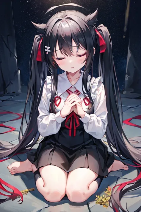 Praying with hands folded in front of his chest、Eyes closed、Half Twin Tail、Long black hair、Beautiful face、Landmine fashion