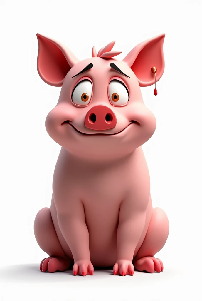 Un cochon rose très détaillée et de style dessin animé avec des yeux exagérément grands, veinés et injectés de sang. Le cochon a une expression triste et tombante avec une légère larme qui coule dun œil. Sa peau a une texture légèrement ridée et elle est a...