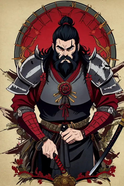 "Felipe Eyng as a bloodthirsty samurai, adorned with an ornamental katana, wearing a dark armor and a rugged beard, exuding an aura of darkness and mystery."